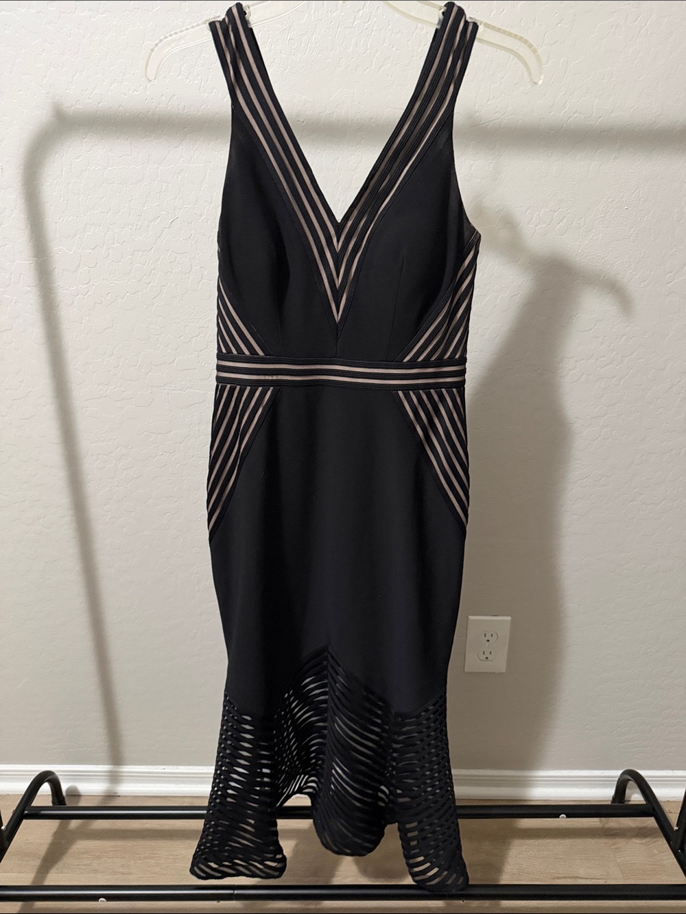 Xscape Black Midi Dress with Nude-Striped Insets